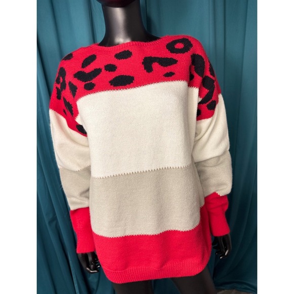 Mazik Sweaters - Mazik Womens Colorblock Leopard Print Knit Sweater Red White Grey MK8051 Size M